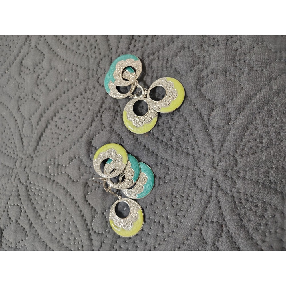 Silver Tone‎ Enamel Filigree Tiered Drop Earrings Turquoise Lime Green Boho